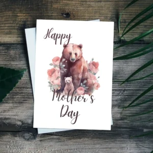 Heartwarming Mother's Day card design showcasing a bear and cheerful flowers, ideal for printing.