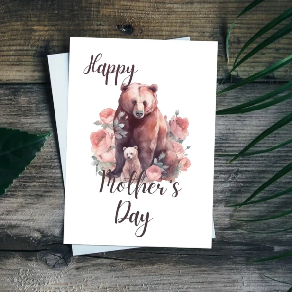 Heartwarming Mother's Day card design showcasing a bear and cheerful flowers, ideal for printing.