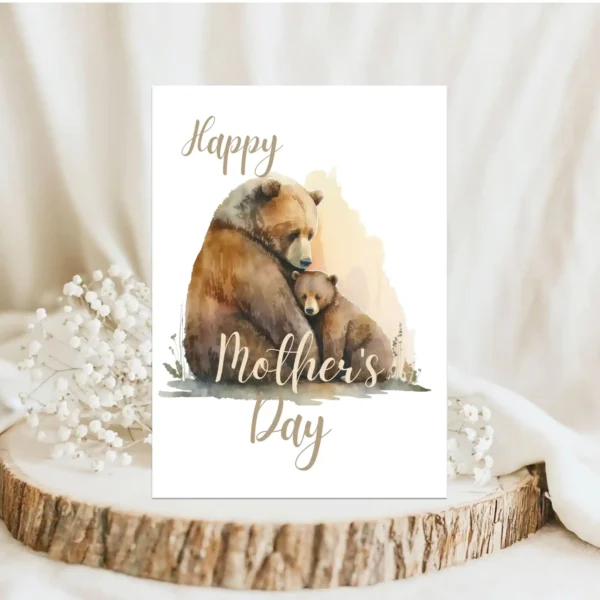 Heartwarming watercolor art of a mother grizzly bear and her cub, designed for a Mother's Day card.