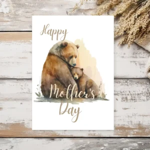 Delightful watercolor depiction of a grizzly bear mom with her cub, suitable for a Mother's Day card.