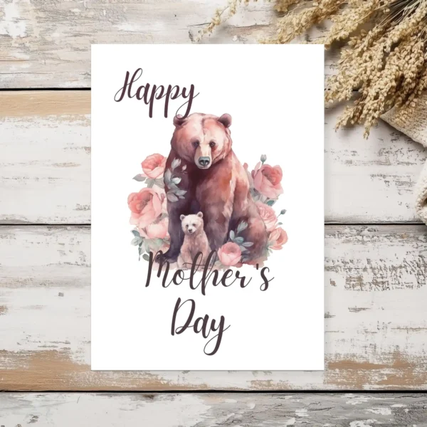 Printable Mother's Day card featuring a cute bear surrounded by colorful flowers. Perfect for celebrating moms!