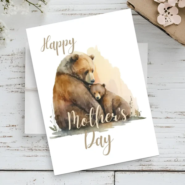 Sweet watercolor illustration of a grizzly mother bear and her cub, perfect for celebrating Mother's Day.