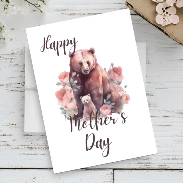 Adorable bear-themed Mother's Day card adorned with vibrant flowers, perfect for printing.