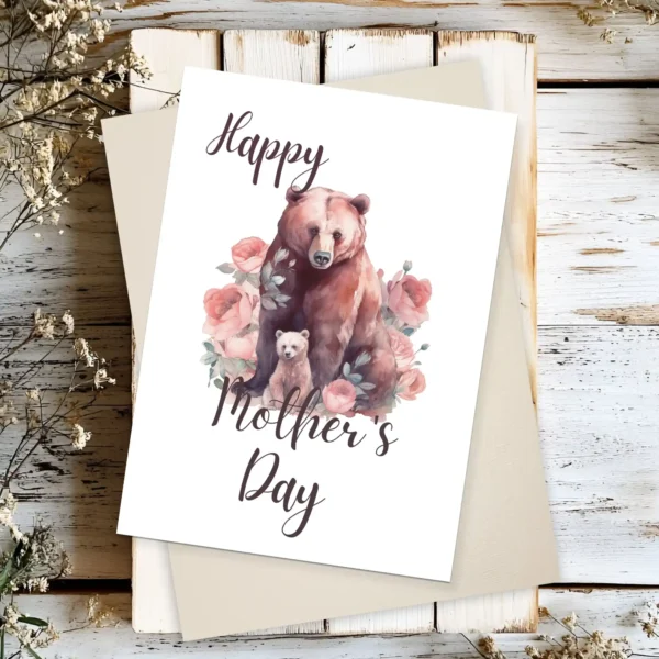 Charming printable Mother's Day card with a bear and a bouquet of flowers.