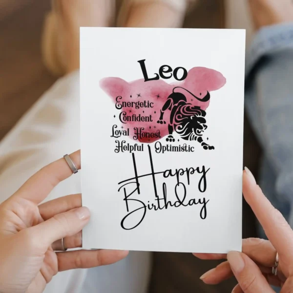 leo-character-birthday-card-3 Printable Leo birthday card featuring character traits on a red watercolor background representing the fire element.