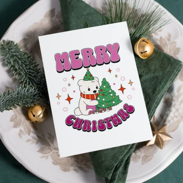 Cheerful Christmas card showing a lesbian polar bear in a hat next to a Christmas tree, spreading joy and holiday cheer.