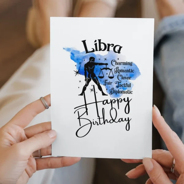 Libra birthday card highlighting character traits, set on a blue watercolor background that reflects the air element.