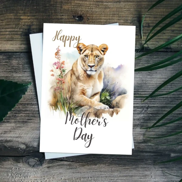 Watercolor lioness illustration on a Mother's Day card, capturing the essence of maternal love in the wild.