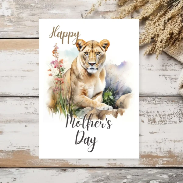 Mother's Day greeting card with a watercolor lioness, showcasing a heartfelt tribute to mothers in the savannah.