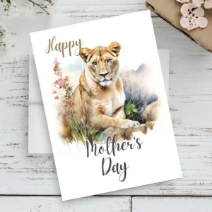 Beautiful watercolor illustration of a lioness on a Mother's Day card, perfect for celebrating moms in the wild.