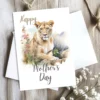Watercolor illustration of a lioness on a Mother's Day card, celebrating motherhood in the savannah.