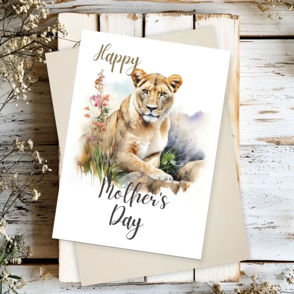 A printable Mother's Day card featuring a watercolor lioness, symbolizing love and strength in the savannah.