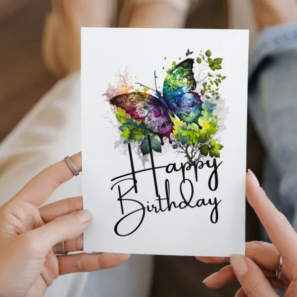 Multi-color watercolor birthday card showcasing a joyful butterfly, ideal for sending warm wishes on a special day.