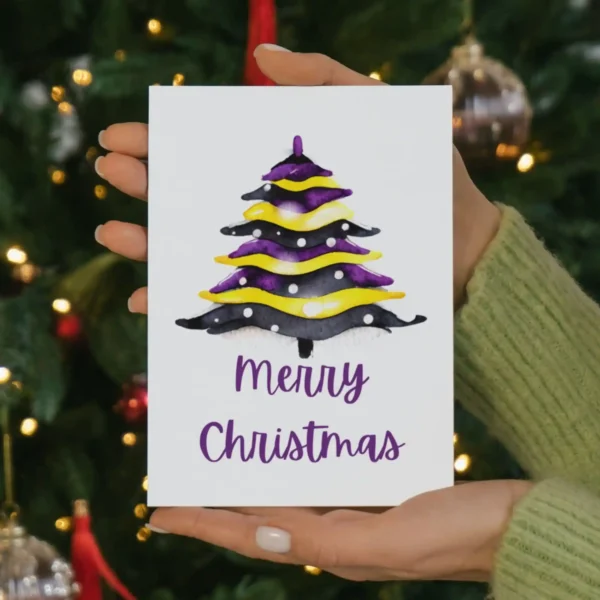 Printable nonbinary Christmas card featuring a colorful watercolor Christmas tree design.