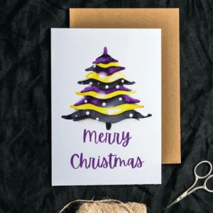 Watercolor Christmas tree illustration on a printable nonbinary Christmas card.