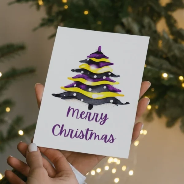 Festive printable card showcasing a watercolor Christmas tree, celebrating nonbinary identity.