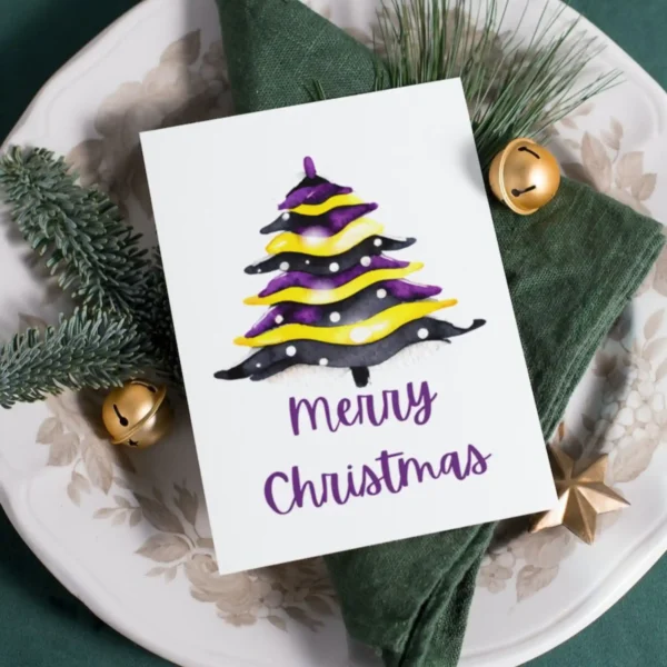 Cheerful printable card with a watercolor Christmas tree, designed for nonbinary holiday celebrations.