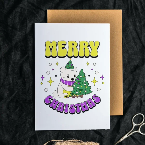 A printable Christmas card showcasing a friendly polar bear in a vibrant scarf, celebrating nonbinary identity in winter.