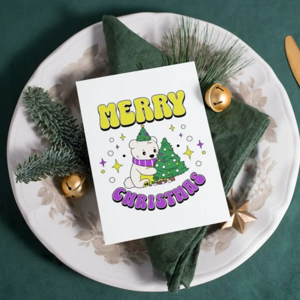 A printable Christmas card featuring a polar bear in a rainbow scarf, celebrating nonbinary pride amidst a winter scene.