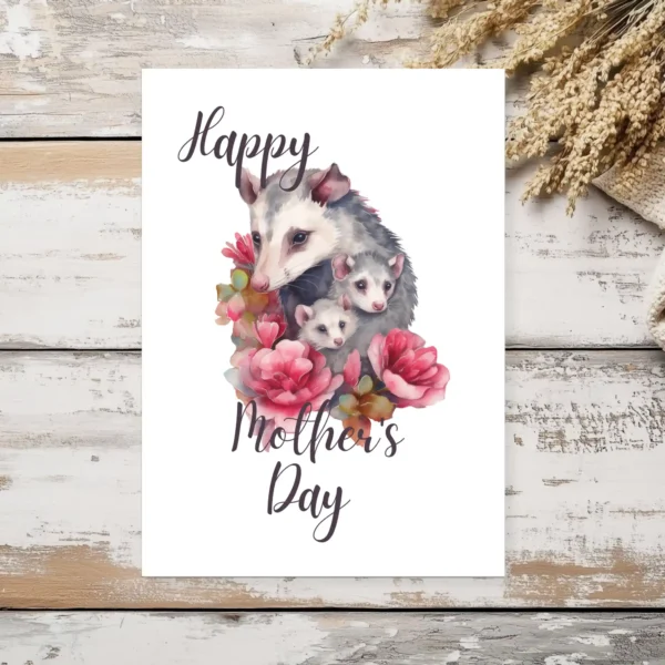 Heartwarming Mother's Day card featuring a mother opossum and her babies in a lovely watercolor style.