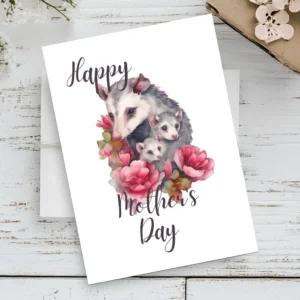 Watercolor Mother's Day card featuring a mother opossum with her babies, perfect for celebrating moms.