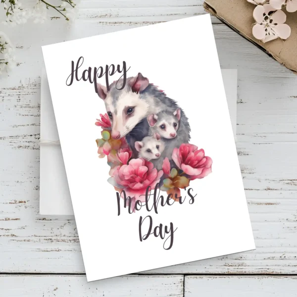 Watercolor Mother's Day card featuring a mother opossum with her babies, perfect for celebrating moms.