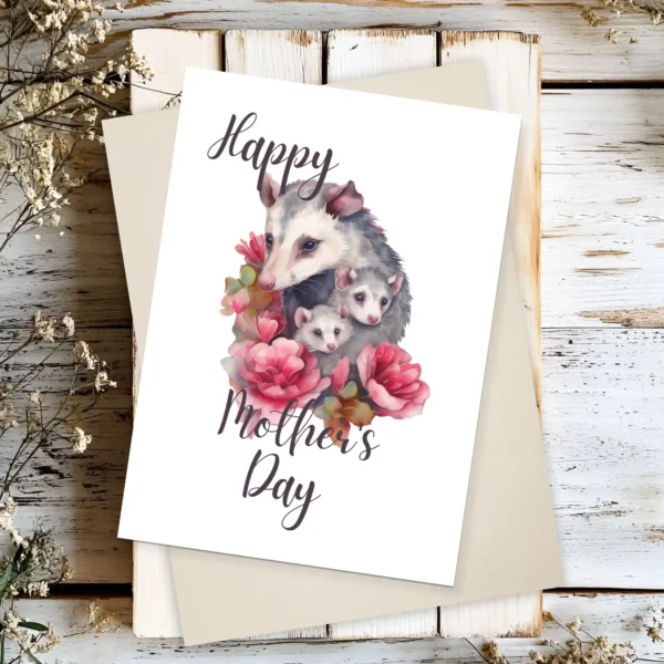 Delightful Mother's Day card with a watercolor illustration of a mother opossum and her little ones.