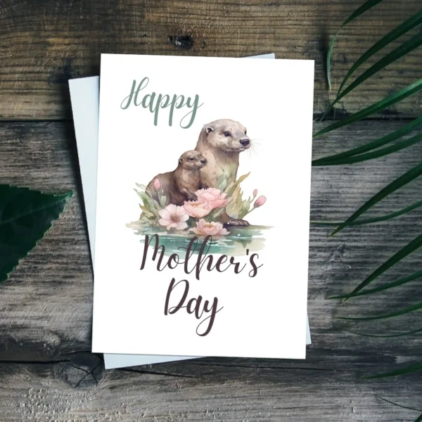 Charming otter mother and baby design on a printable Mother's Day card, ideal for sharing love on this special day.