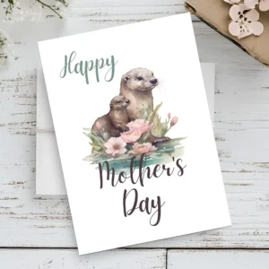 Cute otter mother and baby on a printable Mother's Day card, celebrating love and motherhood in a playful design.