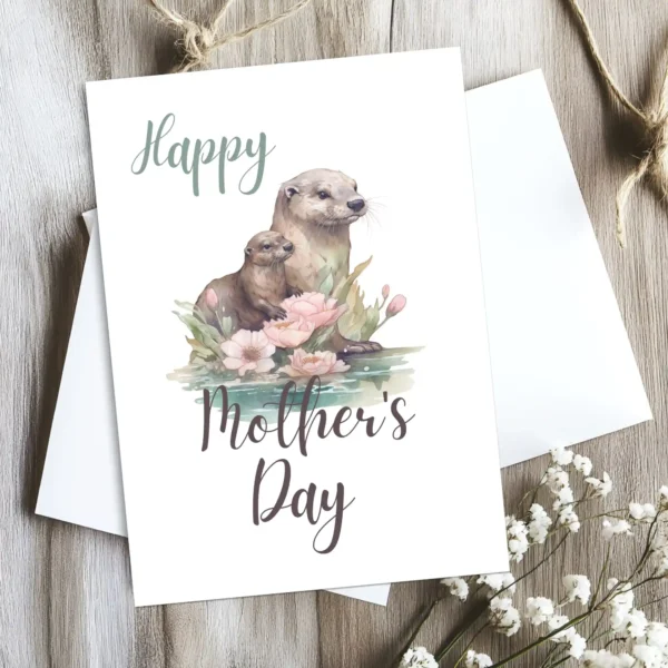 Adorable otter mom and baby featured on a printable Mother's Day card, perfect for expressing love and appreciation.
