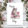 Adorable printable Mother's Day card with an owl and vibrant flowers, ideal for expressing love to moms.