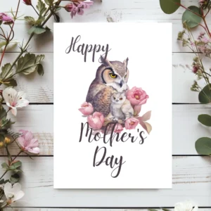 Adorable printable Mother's Day card with an owl and vibrant flowers, ideal for expressing love to moms.