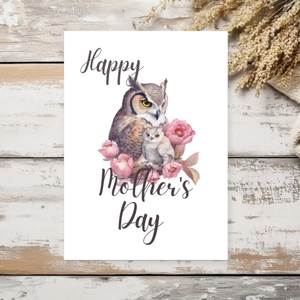 Whimsical printable Mother's Day card with an owl and blooming flowers, a delightful tribute to moms everywhere.