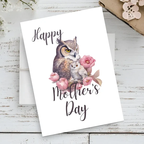 Cute printable Mother's Day card featuring an owl and cheerful flowers, a lovely way to celebrate mothers.
