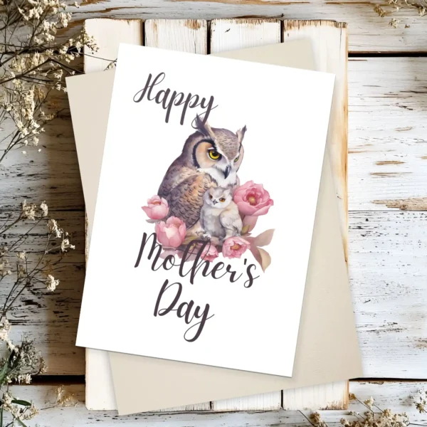 Printable Mother's Day card featuring a cute owl surrounded by colorful flowers. Perfect for celebrating moms!