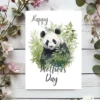 Charming watercolor panda adorned with leaves, suitable for a Mother's Day card design.