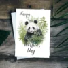 Watercolor panda surrounded by leaves, designed for a Mother's Day card.