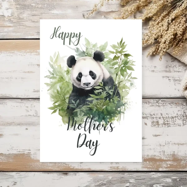 Whimsical watercolor panda with colorful leaves, crafted for a Mother's Day card.