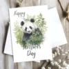 Cute watercolor panda with vibrant leaves, perfect for a printable Mother's Day card.