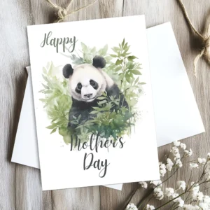 Cute watercolor panda with vibrant leaves, perfect for a printable Mother's Day card.