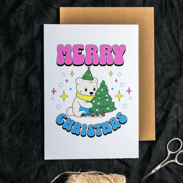 Printable Christmas card with a cheerful cartoon bear and a vibrant tree, highlighting pansexual themes.