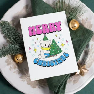 Cartoon bear beside a decorated Christmas tree on a pansexual-themed printable holiday card.