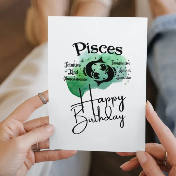 Pisces birthday card with character traits, designed with a green watercolor background reflecting the water element.