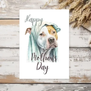 Whimsical watercolor of a Pitbull with a blanket, crafted for a Mother's Day card design.