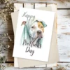 Adorable watercolor Pitbull with a blanket on its head, ideal for celebrating Mother's Day.