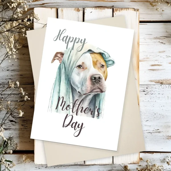 Adorable watercolor Pitbull with a blanket on its head, ideal for celebrating Mother's Day.