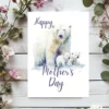 Charming watercolor card for Mother's Day, featuring a polar bear mother and her cubs in a delightful scene.