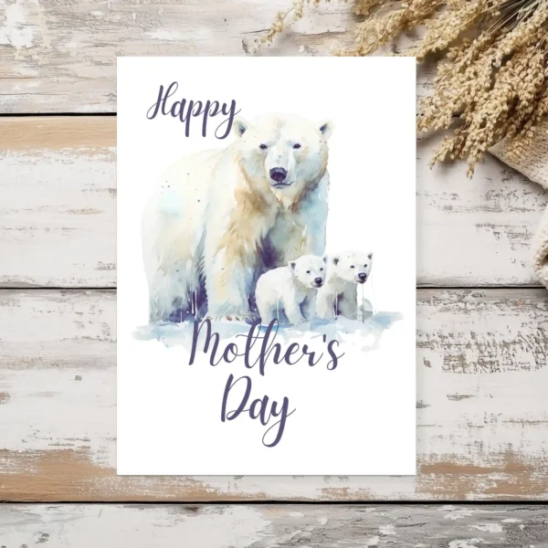 A printable Mother's Day card with a watercolor design of a happy polar bear mother and her adorable cubs.