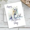 Watercolor illustration of a polar bear mother with her cubs, featured on a cheerful Mother's Day greeting card.