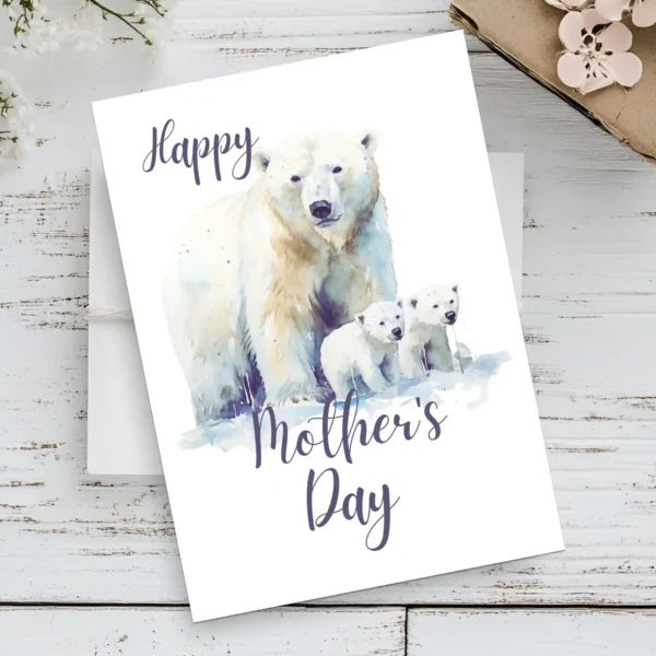Watercolor illustration of a polar bear mother with her cubs, featured on a cheerful Mother's Day greeting card.